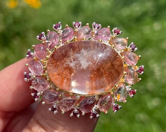 Big Oval Phantom Quartz Tourmaline Rhodolite Garnet Brooch 925 Silver Sterling Gold / fine art ghost boho