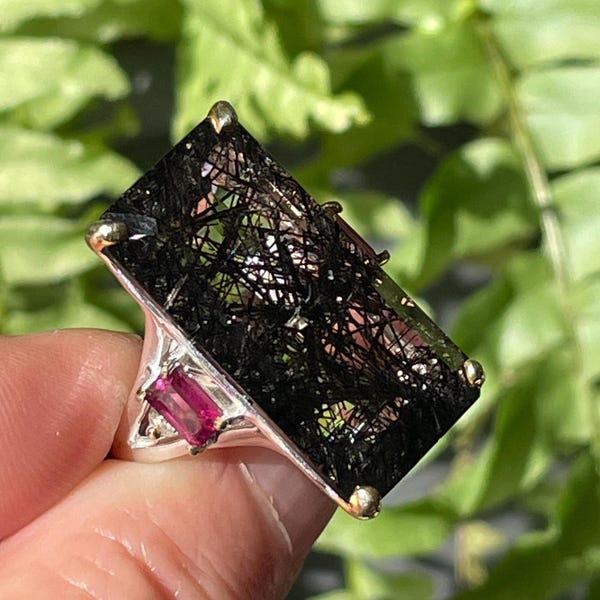 Natural 40ct Baguette Black Rutilated Quartz Rhodolite Garnet Topaz sz 8.25 Contemporary Ring 925 Sterling Silver Gold