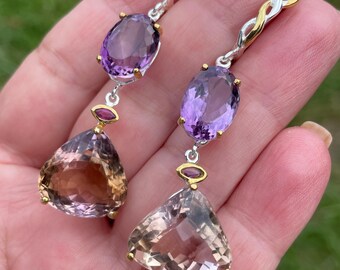 Unique Asymmetrical 50ct Ametrine Purple Amethyst Rhodolite Garnet Long Dangle Earrings 925 Sterling Silver Gold