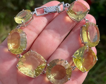 Luxury Huge 112ct Concave Cut Lemon Quartz sz 7.5" Bracelet 925 Sterling Silver / Fancy big gemstones wide tennis bracelet
