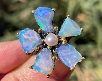 Natuurlijke ruwe vuuropaal parel sz 7 ring 925 sterlingzilver zwart rhodiumgoud / ruwe edelsteen fijne kunst