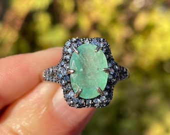 Classy Natural Green Emerald Diamond Cut Pave Blue Sapphire sz 7.25 Rectangular Ring 925 Sterling Silver / elegant gem ring