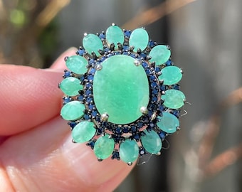 Elegante anillo grande de plata de ley 925 con esmeralda verde y zafiro azul talla diamante, talla 8.5 / anillo de cóctel de lujo con gema grande