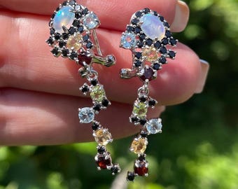 Elegant Flash Opal Black Spinel Aquamarine, Citrine, Garnet, Peridot Dangle Earrings 925 Sterling Silver