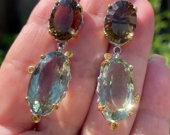 Big 53ct Natural Green Amethyst Cognac Quartz Sapphire Dangle Earrings 925 Sterling Silver / Large Luxury Statement Earrings