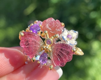 Fine Art Carved Butterfly Wings Rose Flower Tourmaline Amethyst sz 8.25 Ring 925 Sterling Silver Gold