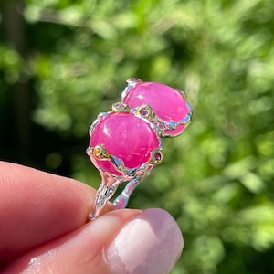 Fine Art Red Ruby Purple Amethyst sz 9.5 Open Adjustable Ring 925 Sterling Silver Gold