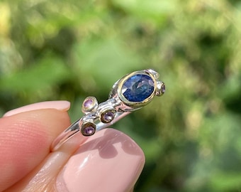 Delicate Oval Blue Sapphire Purple Amethyst sz 7 Minimalist Cluster Ring 925 Sterling Silver Gold