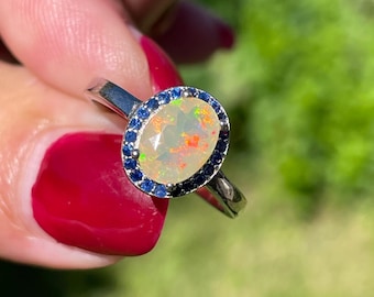 Dainty Natural Opal Diamond Cut Blue Sapphire Oval Halo sz 6 Ring 925 Sterling Silver
