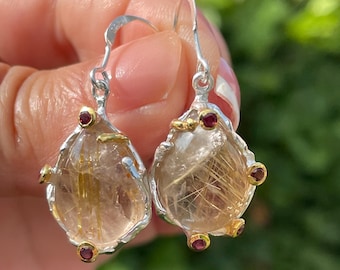 Natural Golden Rutilated Quartz Rhodolite Garnet Dangle Earrings 925 Sterling Silver Gold
