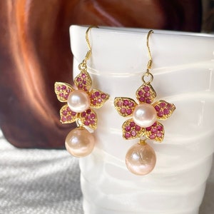 Creamy Pink Pearl and Red Ruby Drop Earrings 925 Sterling Silver 18K Gold Plated / Vintage style earrings
