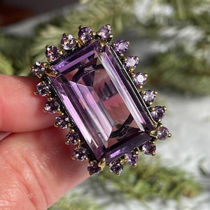 Huge Natural 38ct Baguette Purple Amethyst sz 8.25 Ring 925 Sterling Silver Black Rhodium Gold/ big cocktail vintage style ring