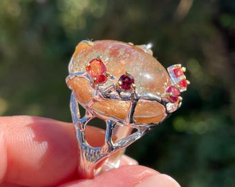 Natural Phantom Quartz Tourmaline Rhodolite sz 8 Ring 925 Silver Sterling Gold/ large fine art ghost boho ring
