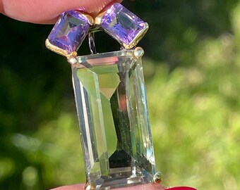 Large Baguette Green and Purple Amethyst Pendant 925 Sterling Silver Black Rhodium Gold / handmade gift for her