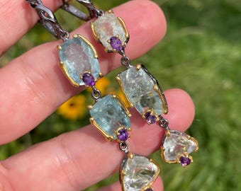 Long Blue Aquamarine Amethyst Dangle Earrings 925 Sterling Silver Black Rhodium Gold