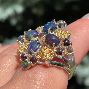 Natural Black Flash Opal Big Size 7.25 Ring 925 Sterling Silver Gold Plated / large handmade vintage style ring