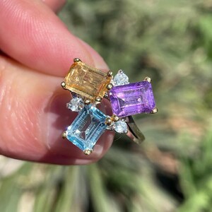 Delicate Modish Amethyst Topaz Citrine sz 6 Cluster Ring 925 Sterling Silver Gold