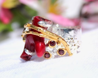 Size 7.75 Artisan Large Red Coral Branch Ring 925 Sterling Silver 14K white and yellow gold plated, unique design bohemian chic wide band