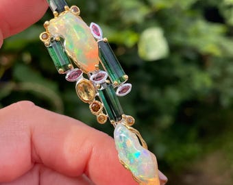 Artistic Rough Ethiopian Opal Green Baguette Tourmaline Brooch Pendant 925 Sterling Silver Gold