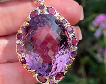 Fancy Big 75ct Oval Pinkish Purple Amethyst Rhodolite Garnet Pendant 925 Sterling Silver Gold