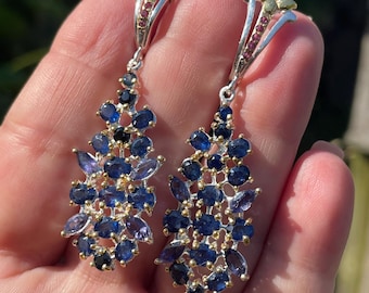 Exquisite Blue Sapphire Iolite Rhodolite Garnet Cluster Dangle Earrings 925 Sterling Silver Gold