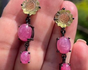 Fine Art Carved Flower Lemon Quartz Pink Ruby Dangle Earrings 925 Sterling Silver Black Rhodium