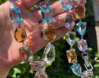 Luxury Huge 421ct Ametrine Green Amethyst Blue Topaz Citrine Y Necklace 925 Sterling Silver / big gemstones necklace