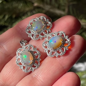 Classy Full Flash Natural Opal White Topaz Earrings Pendant Necklace Set 925 Sterling Silver