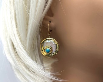 Fancy Mother of Pearl Turquoise Dangle Earrings Gold Plated Brass , gift for woman, large natural green gemstone earrings