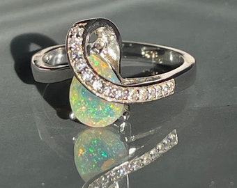 Size 6.5 Dainty Fiery Teardrop Ethiopian Opal and CZ Ring 925 Sterling Silver White Gold Plated / Gift for her