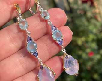 Fancy Lavender Quartz Blue Aquamarine Tanzanite Long Earrings 925 Sterling Silver Gold / large fine art cocktail earrings