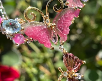 Unique Natural Watermelon Butterfly Carved Tourmaline Topaz Necklace 925 Sterling Silver Gold/ handmade fine art pendant