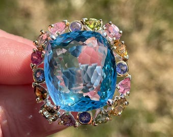Big 28ct+ Blue Topaz Tourmaline Tanzanite sz 8.5 Ring 925 Sterling Silver Gold/ large luxury cocktail ring