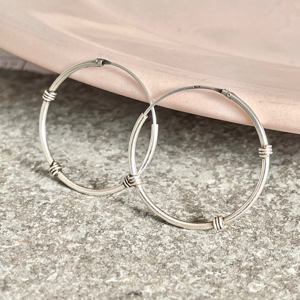 Delicate Medium Oxidized Sterling Silver Hoops, 24mm Wire Wrap Hoops, Bali Hoops, Gift For Her