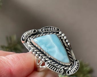 大きなブルーマーブルラリマー 8.25 リング 925 スターリングシルバー