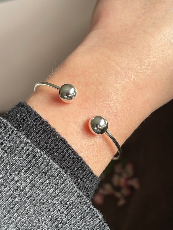 925 Sterling Silver Ball Cuff Bracelet / Trendy Gift for Her