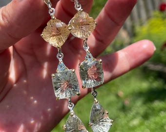 Long 40ct Natural Green Amethyst Citrine Dangle Earrings 925 Sterling Silver / Large Luxury Statement Cocktail Earrings