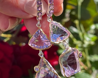 Fancy Asymmetrical Rose de France Amethyst Dangle Drop Earrings 925 Sterling Silver Gold / Pink Luxury Cocktail Earrings