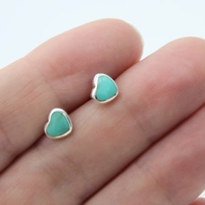 Dainty Turquoise Heart Tiny 8mm Stud Earrings 925 Sterling Silver for girl or woman cute love minimalist small fun, Natural gemstone