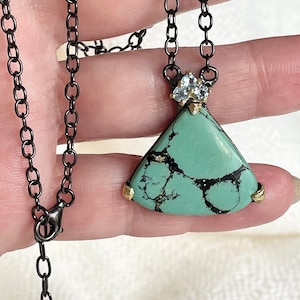 Natural Turquoise Blue Topaz Necklace 925 Sterling Silver Black Rhodium Gold Plated / Boho Vintage Gift for Her