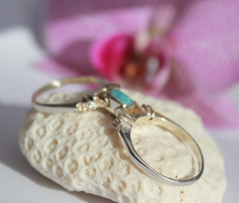 Larimar and Dominican Red Amber Cubic Zirconia Ring Multi-stone Sterling Silver Flip 2 way reversible genuine stone 8.75