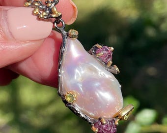 Fancy White Large Baroque Pearl Carved Tourmaline Peridot 925 Sterling Silver Black Rhodium Gold / Unique Fine Art Boho