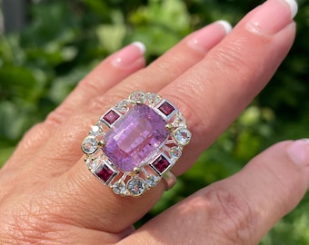 Large Modern Natural 12ct Violet Pink Kunzite Rhodolite Garnet Topaz sz 8 Ring 925 Sterling Silver Gold
