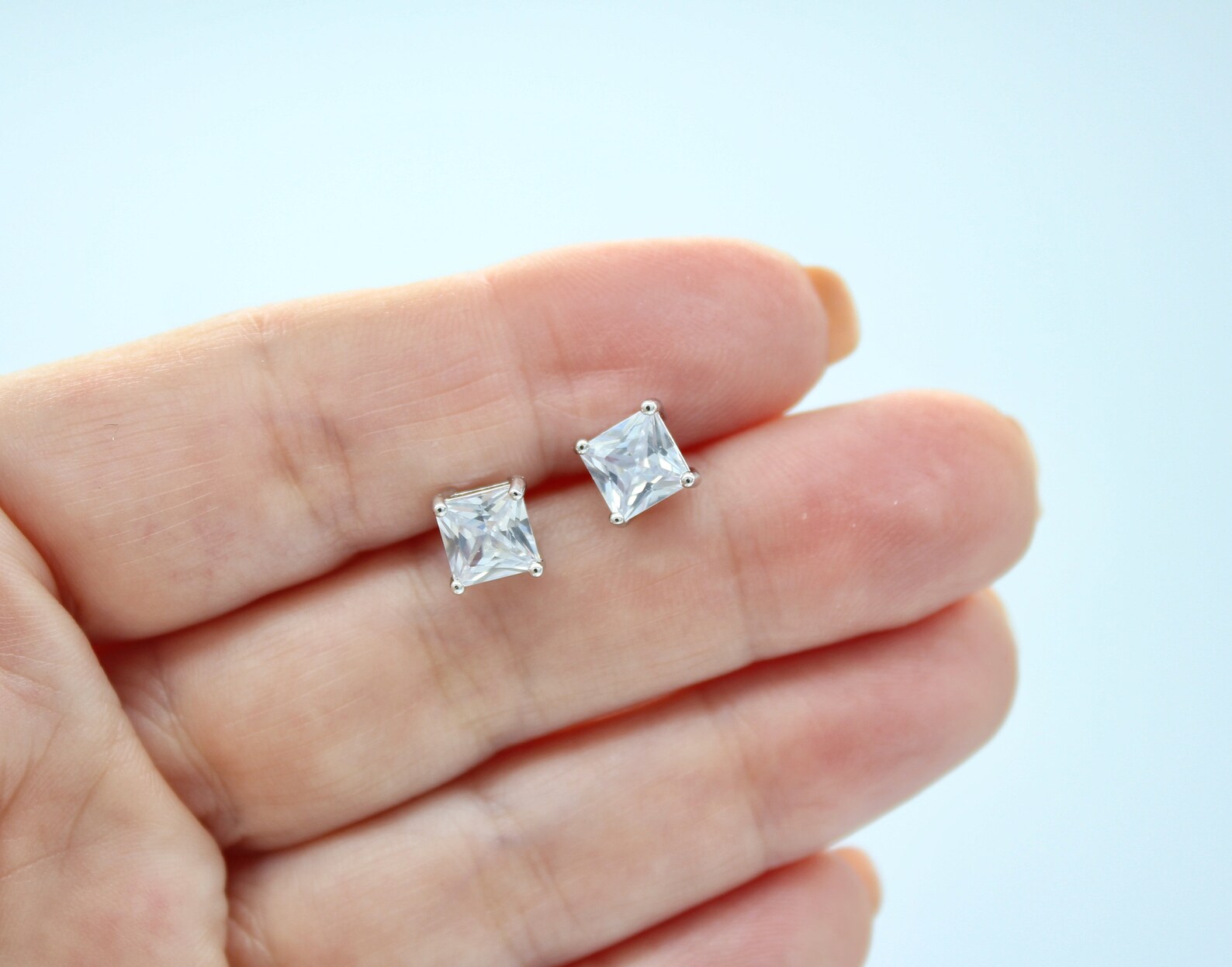 14K White Gold Plated 7mm Clear Cubic Zirconia Stud Earrings Etsy