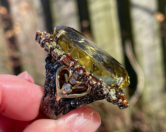 パリピブタ リング 天然石 Huge 80ct Oval Lemon Quartz Citrine Peridot 925 Sterling