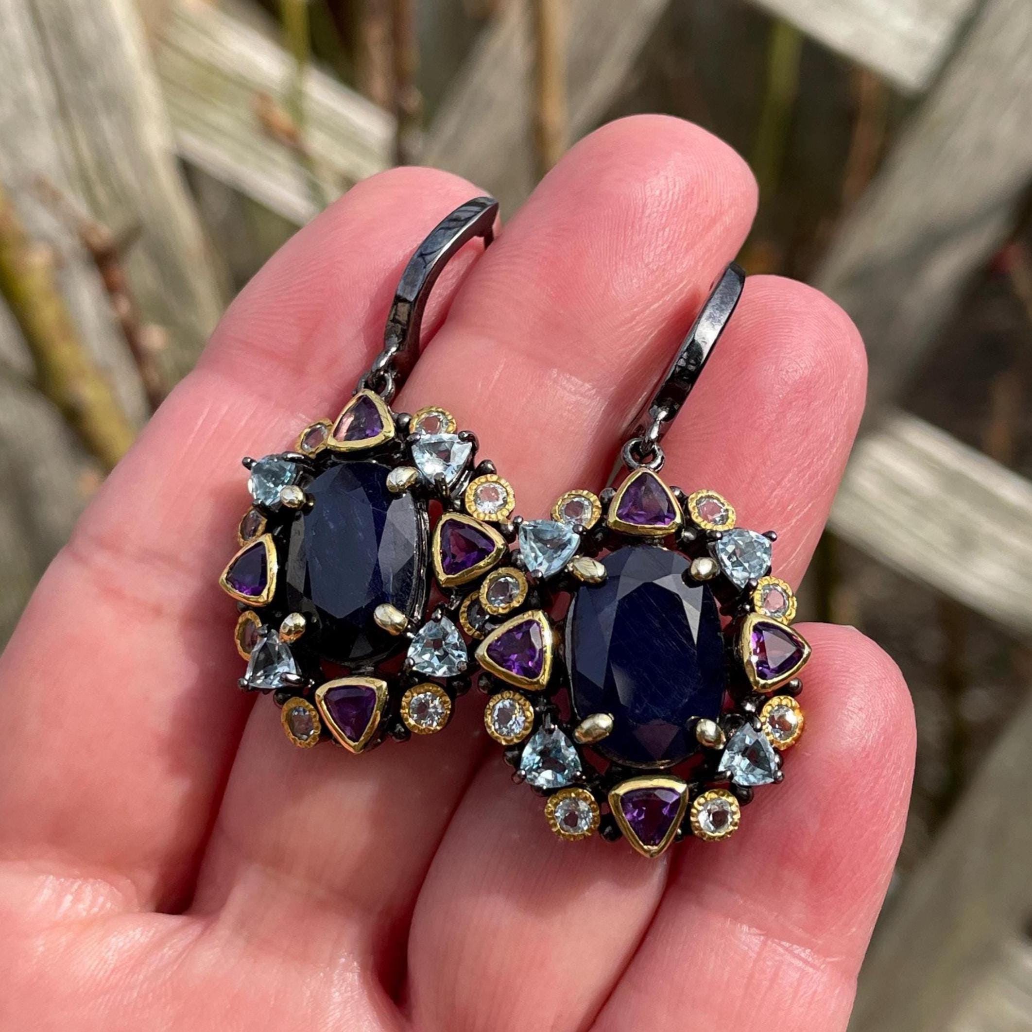 Exquisite Black Blue Sapphire Amethyst Topaz 925 Sterling Silver Dangle Earrings Black Rhodium Gold /Large cocktail earrings Gift for Her