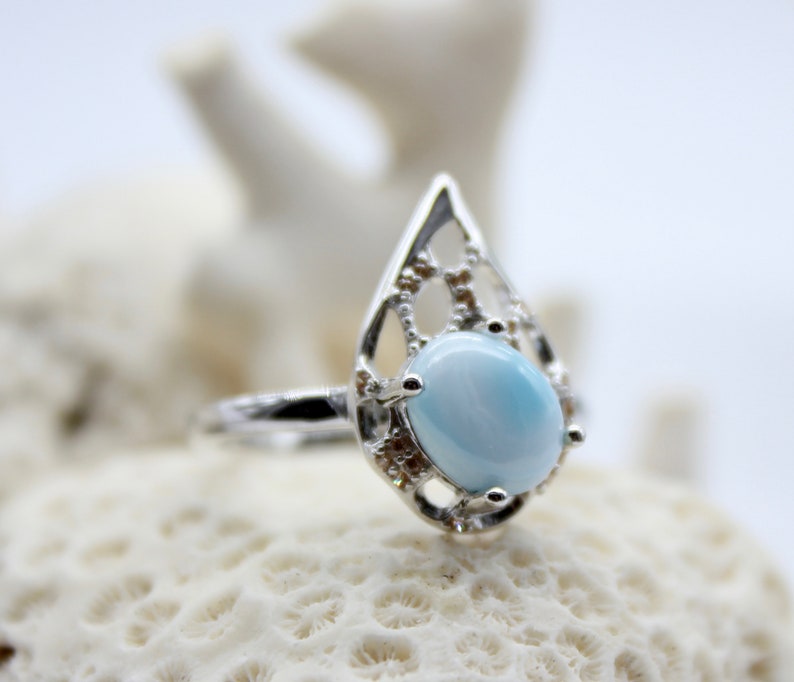 Beautiful Larimar Icy Teardrop and CZ Ring Size 9 Sky Blue Turtleback Gem 14K Whte Gold Plated 925 Sterling Silver Genuine Dominican Stone