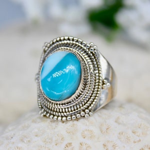 Size 7.5 Dominican Turquoise Blue Larimar 925 Sterling Silver Signet Ring
