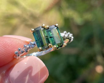 Fancy Baguette Geometric Green Tourmaline sz 8 Ring 925 Sterling Silver Gold / fine art modern ring