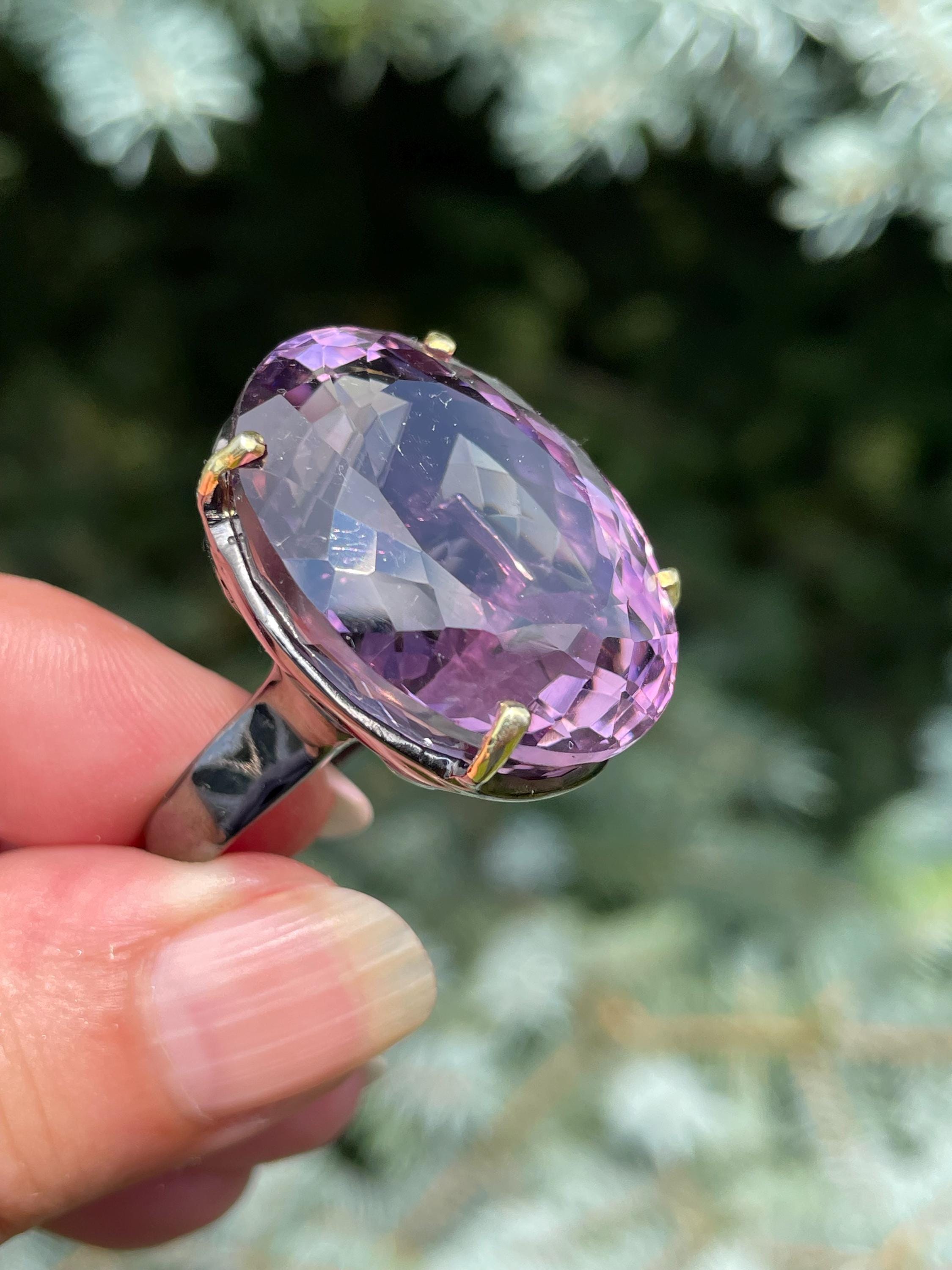 925 Sterling Silver Oval Pink Amethyst & CZ Heart Statement Ring - 1.4 Ct Birthstone Ring - View #3